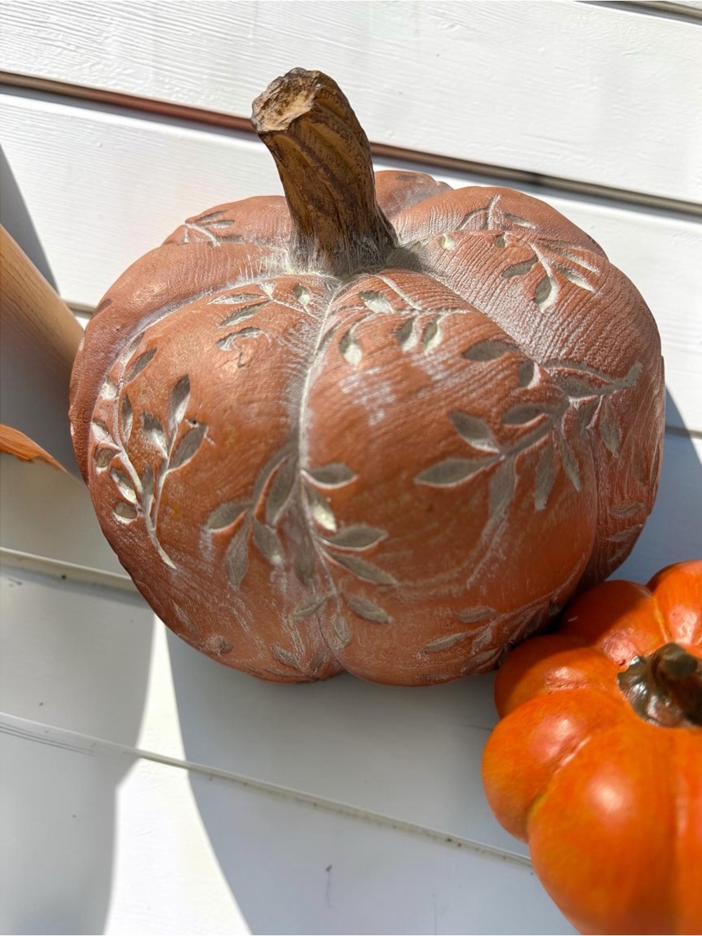 Fall Pumpkin Duo Terracotta Leaf Design & Glossy Orange Decorative Set of 3